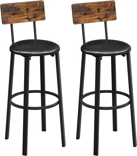 FurnStar - Barkrukken set van 2 - Barstoel Kruk - Barstoelen met rugleuning - Industrieel - Keukenstoel - Bruin – Zwart; bruin