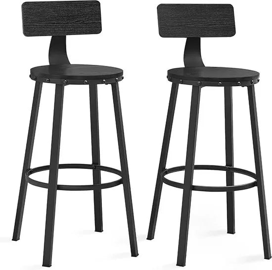 FurnStar - Barkrukken set van 2 - Barstoel Kruk - Barstoelen met rugleuning - Industrieel - Keukenstoel - Bruin – Zwart