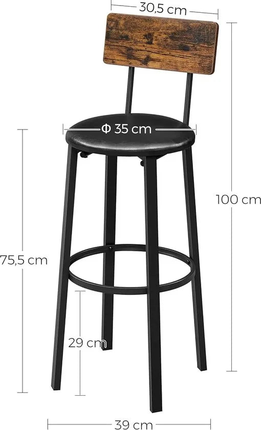 FurnStar - Barkrukken set van 2 - Barstoel Kruk - Barstoelen met rugleuning - Industrieel - Keukenstoel - Bruin – Zwart; bruin