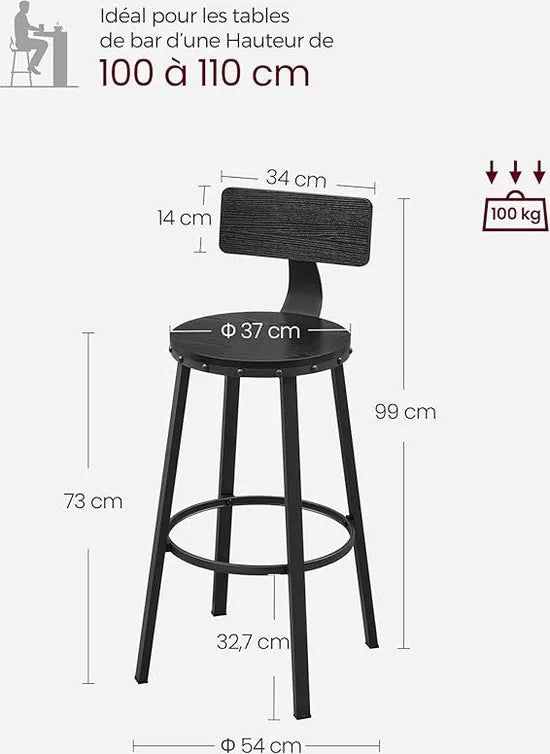 FurnStar - Barkrukken set van 2 - Barstoel Kruk - Barstoelen met rugleuning - Industrieel - Keukenstoel - Bruin – Zwart