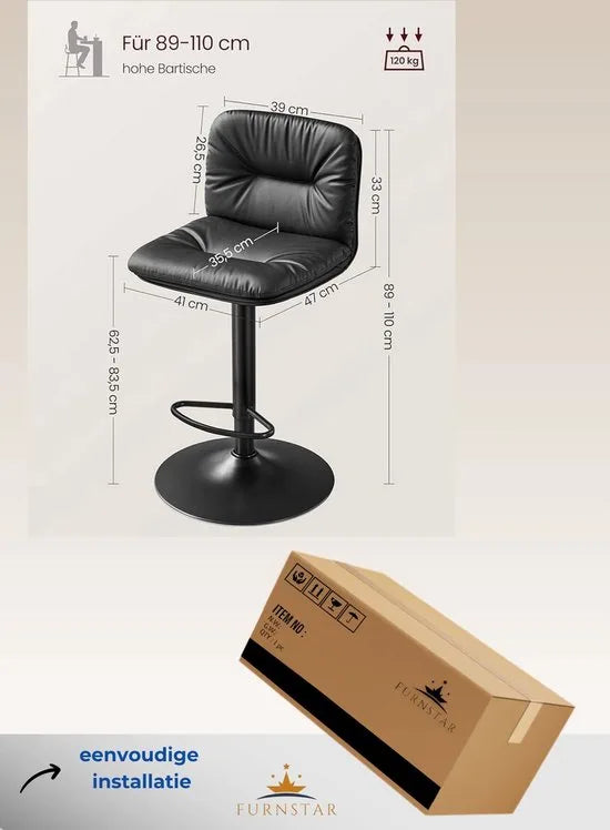 FurnStar - Barkrukken set van 2 - Barstoel Kruk - Barstoelen met rugleuning - Keukenstoel - Zwart