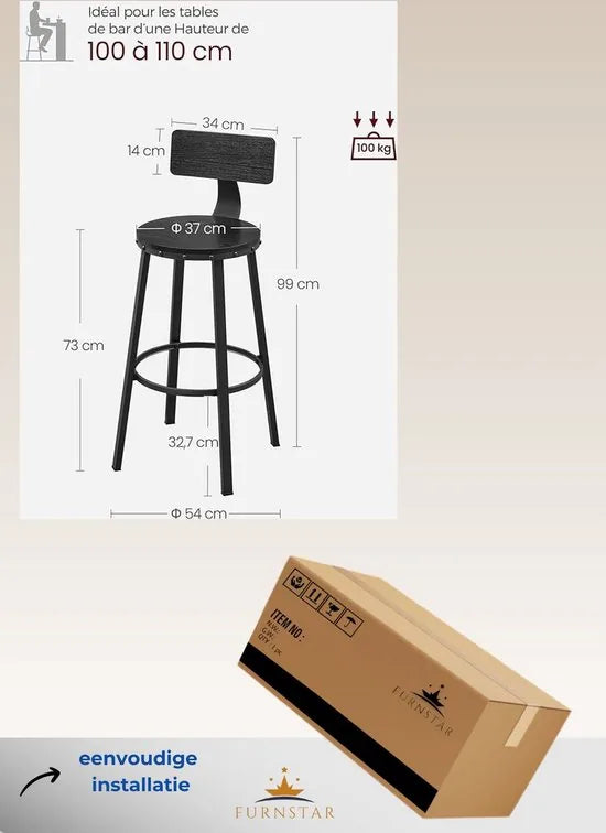 FurnStar - Barkrukken set van 2 - Barstoel Kruk - Barstoelen met rugleuning - Industrieel - Keukenstoel - Bruin – Zwart