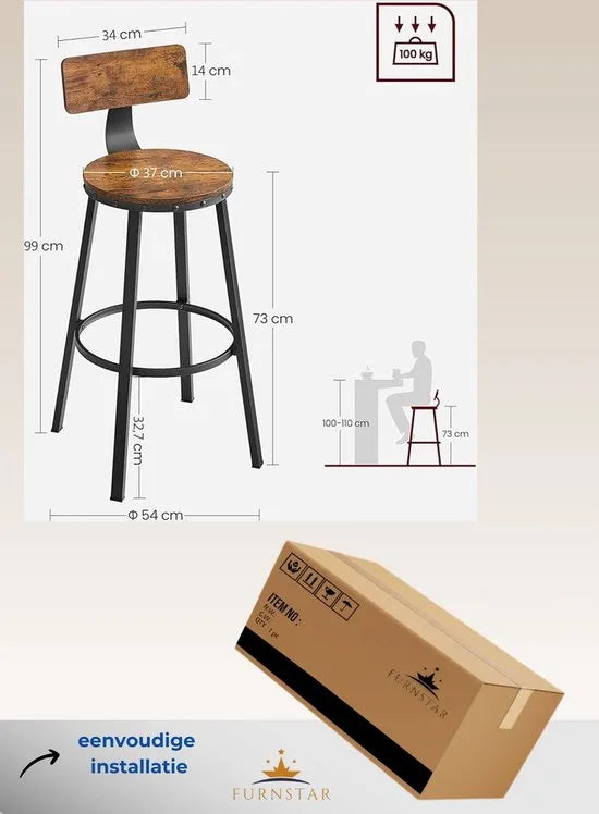 FurnStar - Barkrukken set van 2 - Barstoel Kruk - Barstoelen met rugleuning - Industrieel - Keukenstoel - Bruin