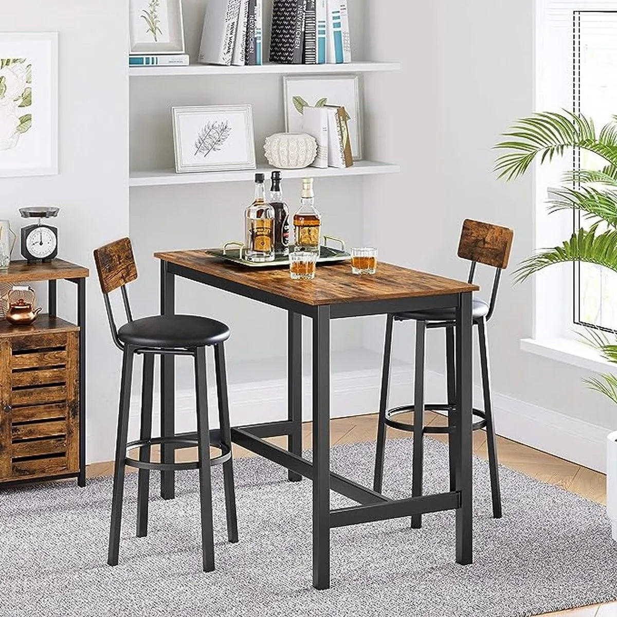 FurnStar - Barkrukken set van 2 - Barstoel Kruk - Barstoelen met rugleuning - Industrieel - Keukenstoel - Bruin – Zwart; bruin