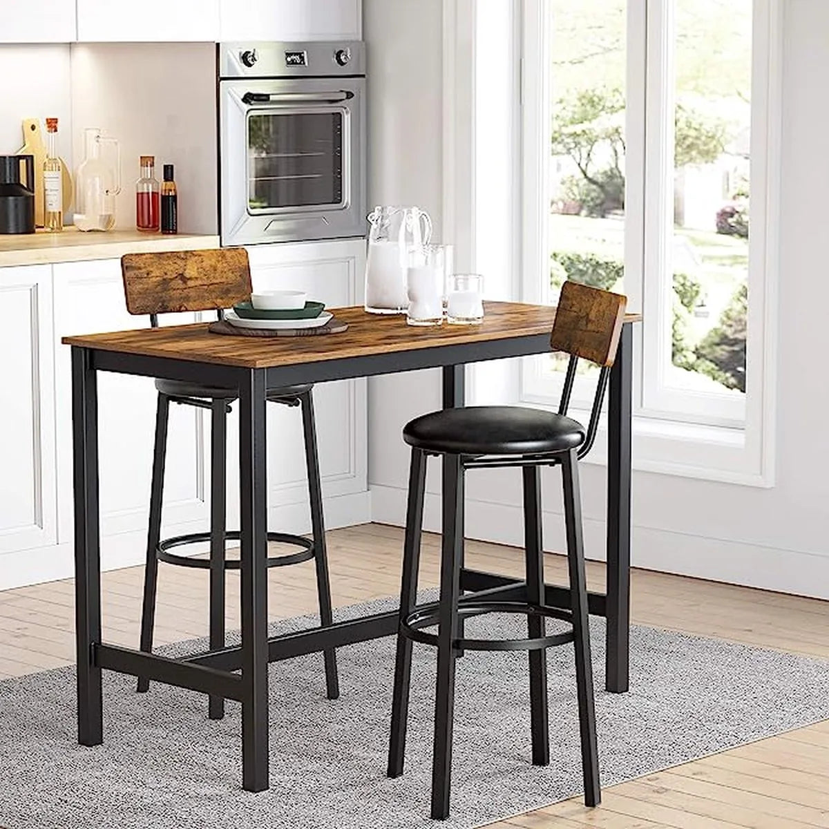 FurnStar - Barkrukken set van 2 - Barstoel Kruk - Barstoelen met rugleuning - Industrieel - Keukenstoel - Zwart en bruin