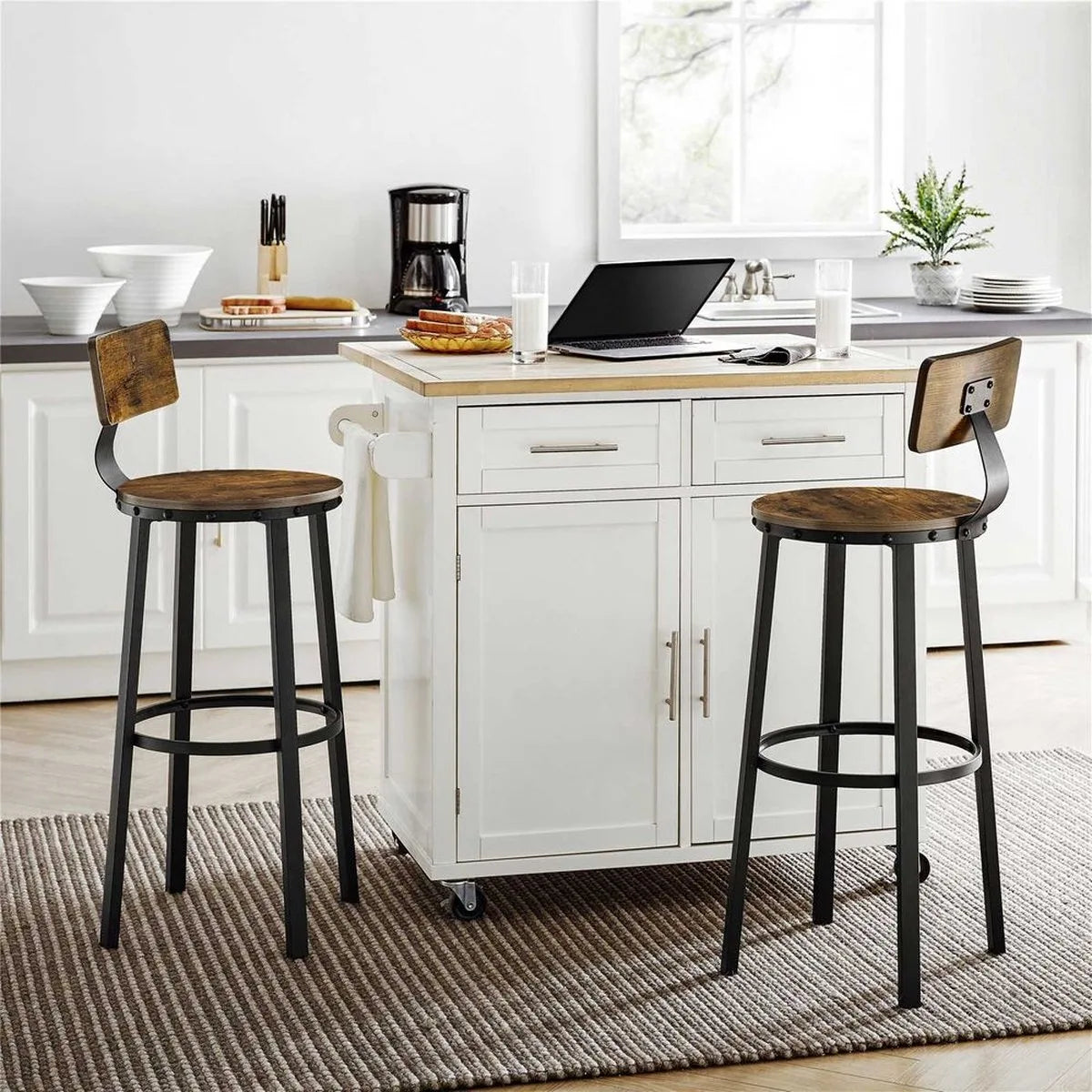 FurnStar - Barkrukken set van 2 - Barstoel Kruk - Barstoelen met rugleuning - Industrieel - Keukenstoel - Bruin