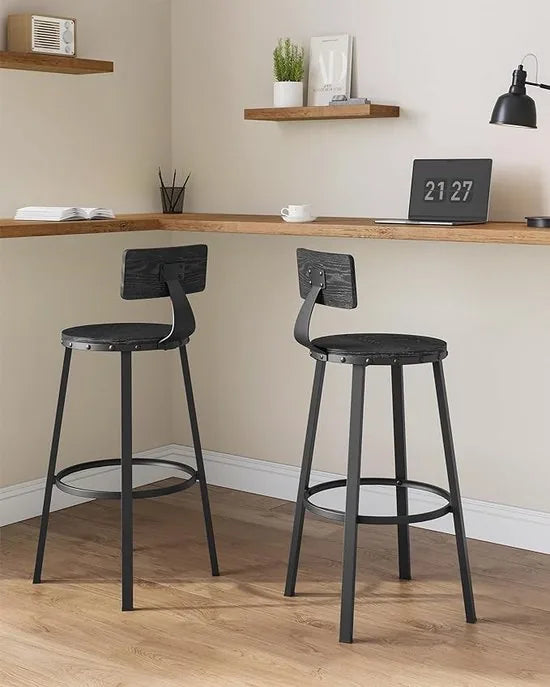 FurnStar - Barkrukken set van 2 - Barstoel Kruk - Barstoelen met rugleuning - Industrieel - Keukenstoel - Bruin – Zwart