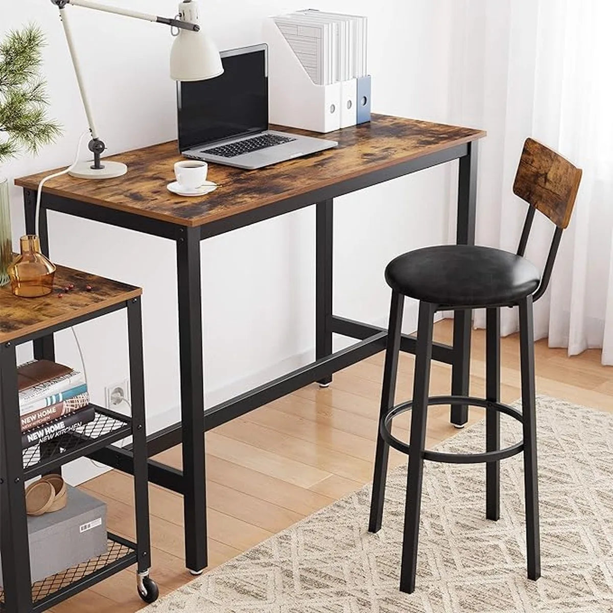 FurnStar - Barkrukken set van 2 - Barstoel Kruk - Barstoelen met rugleuning - Industrieel - Keukenstoel - Bruin – Zwart; bruin