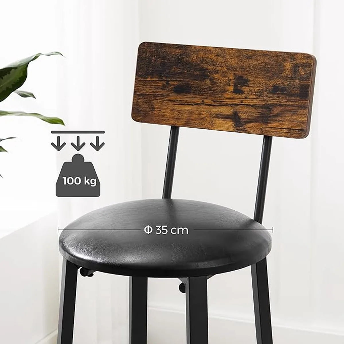 FurnStar - Barkrukken set van 2 - Barstoel Kruk - Barstoelen met rugleuning - Industrieel - Keukenstoel - Zwart en bruin