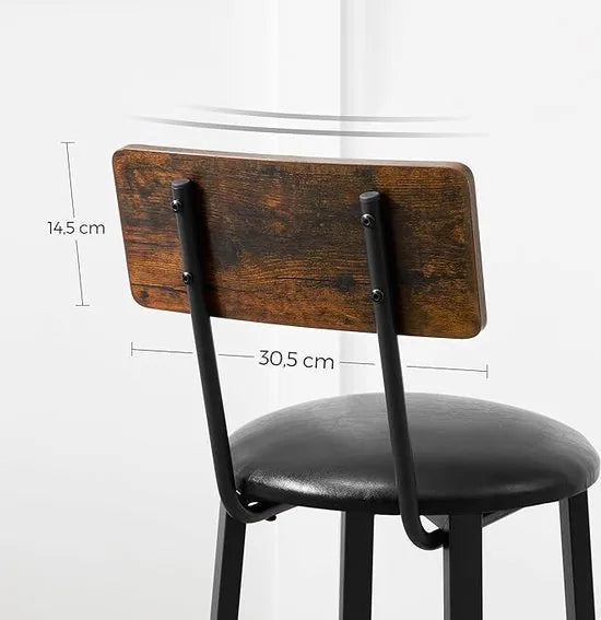 FurnStar - Barkrukken set van 2 - Barstoel Kruk - Barstoelen met rugleuning - Industrieel - Keukenstoel - Zwart en bruin