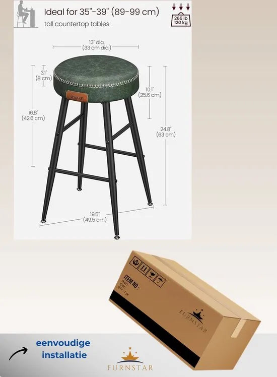 FurnStar - Barkrukken set van 2 - Barstoel Kruk - Industrieel - Keukenstoel - Zwart - 49,5 x 49,5 x 63 cm – Groen; zwart