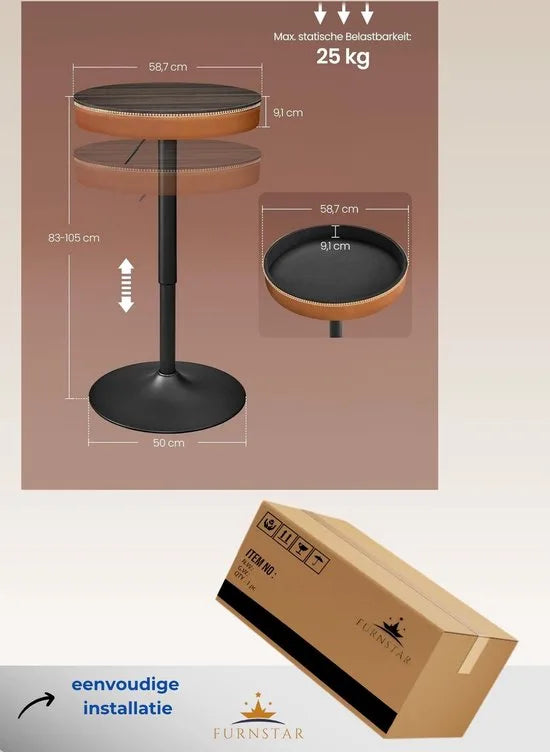 FurnStar - Bartafel - In Hoogte Verstelbaar - Kleine Tafel met Opbergruimte - Kunstleer - Naden - Mid-Century-Moderne Stijl - Keuken - Huisbar - Woonkamer - Asbruin-Karamelbruin