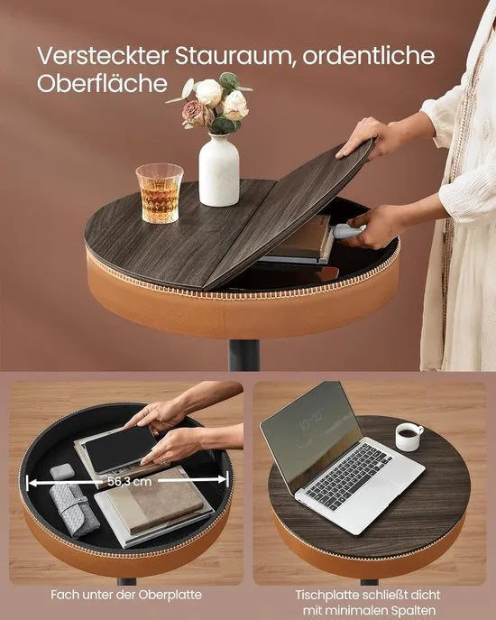FurnStar - Bartafel - In Hoogte Verstelbaar - Kleine Tafel met Opbergruimte - Kunstleer - Naden - Mid-Century-Moderne Stijl - Keuken - Huisbar - Woonkamer - Asbruin-Karamelbruin