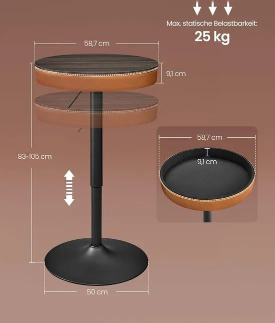 FurnStar - Bartafel - In Hoogte Verstelbaar - Kleine Tafel met Opbergruimte - Kunstleer - Naden - Mid-Century-Moderne Stijl - Keuken - Huisbar - Woonkamer - Asbruin-Karamelbruin
