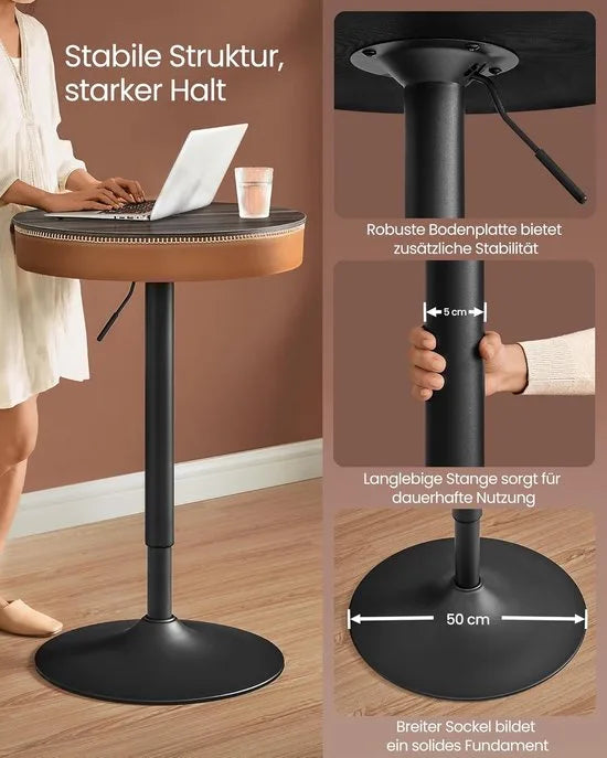 FurnStar - Bartafel - In Hoogte Verstelbaar - Kleine Tafel met Opbergruimte - Kunstleer - Naden - Mid-Century-Moderne Stijl - Keuken - Huisbar - Woonkamer - Asbruin-Karamelbruin