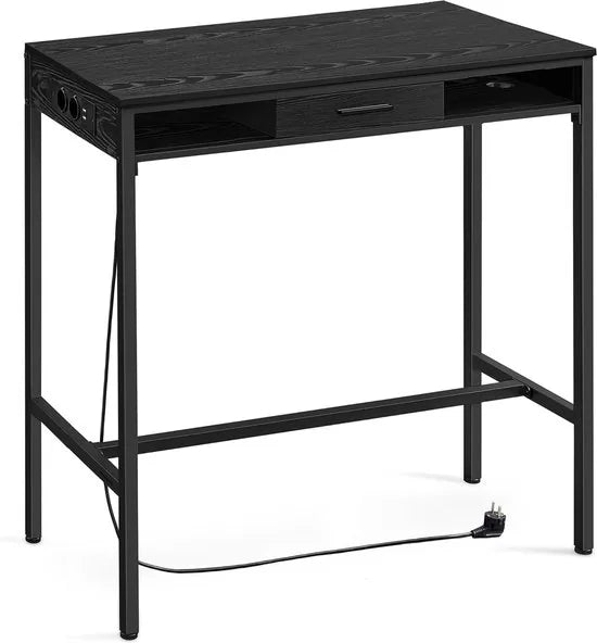 FurnStar - Bartafel - Statafel met Laadstation en Flexibele Lade van Vliesstof - Haken - 40 x 99,8 x 104,6 cm - Asbruin – Ebbenhoutzwart