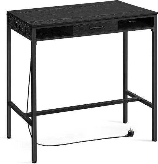 FurnStar - Bartafel - Statafel met Laadstation en Flexibele Lade van Vliesstof - Haken - 40 x 120 x 104,6 cm - Voor Kantoor - Slaapkamer - Bar - Woonkamer - Asbruin – Ebbenhoutzwart