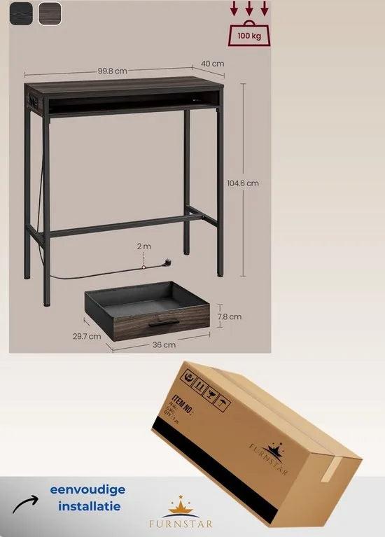 FurnStar - Bartafel - Statafel met Laadstation en Flexibele Lade van Vliesstof - Haken - 40 x 99,8 x 104,6 cm - Asbruin