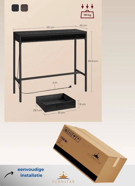 FurnStar - Bartafel - Statafel met Laadstation en Flexibele Lade van Vliesstof - Haken - 40 x 120 x 104,6 cm - Voor Kantoor - Slaapkamer - Bar - Woonkamer - Asbruin – Ebbenhoutzwart