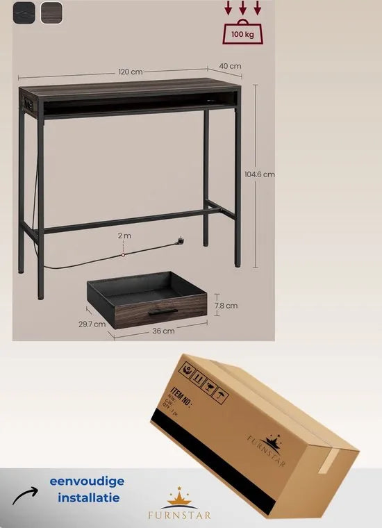 FurnStar - Bartafel - Statafel met Laadstation en Flexibele Lade van Vliesstof - Haken - 40 x 120 x 104,6 cm - Voor Kantoor - Slaapkamer - Bar - Woonkamer - Asbruin
