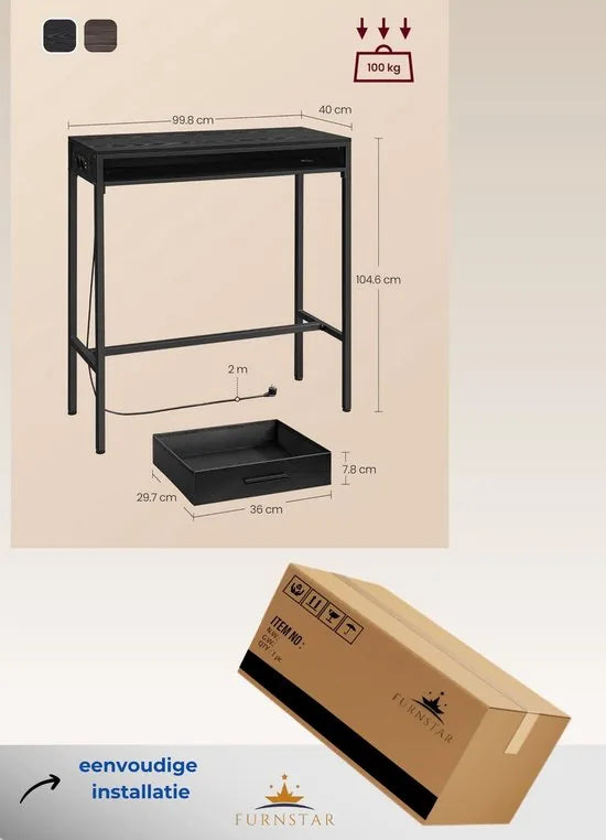 FurnStar - Bartafel - Statafel met Laadstation en Flexibele Lade van Vliesstof - Haken - 40 x 99,8 x 104,6 cm - Asbruin – Ebbenhoutzwart