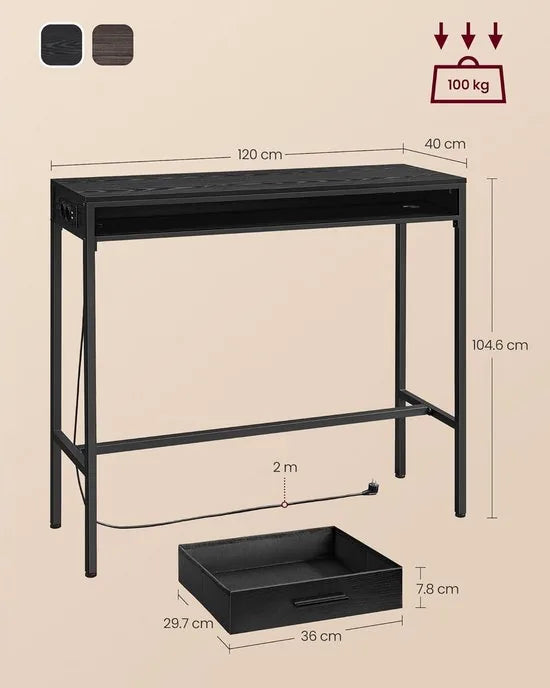 FurnStar - Bartafel - Statafel met Laadstation en Flexibele Lade van Vliesstof - Haken - 40 x 120 x 104,6 cm - Voor Kantoor - Slaapkamer - Bar - Woonkamer - Ebbenhoutzwart