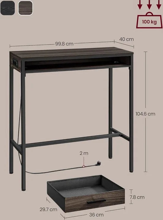 FurnStar - Bartafel - Statafel met Laadstation en Flexibele Lade van Vliesstof - Haken - 40 x 99,8 x 104,6 cm - Asbruin