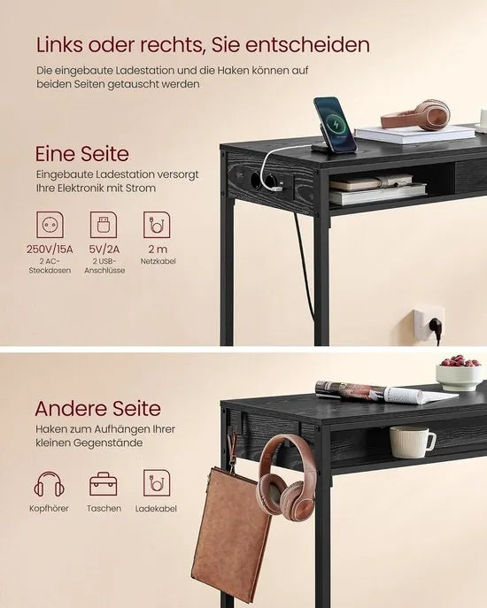 FurnStar - Bartafel - Statafel met Laadstation en Flexibele Lade van Vliesstof - Haken - 40 x 120 x 104,6 cm - Voor Kantoor - Slaapkamer - Bar - Woonkamer - Asbruin – Ebbenhoutzwart