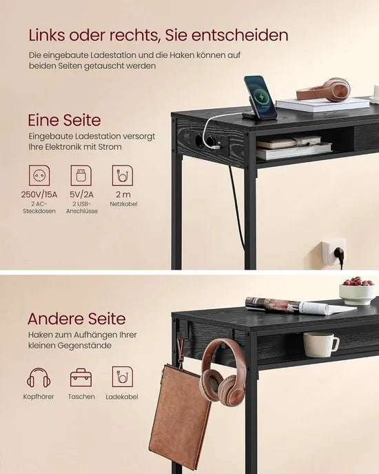 FurnStar - Bartafel - Statafel met Laadstation en Flexibele Lade van Vliesstof - Haken - 40 x 99,8 x 104,6 cm - Asbruin – Ebbenhoutzwart