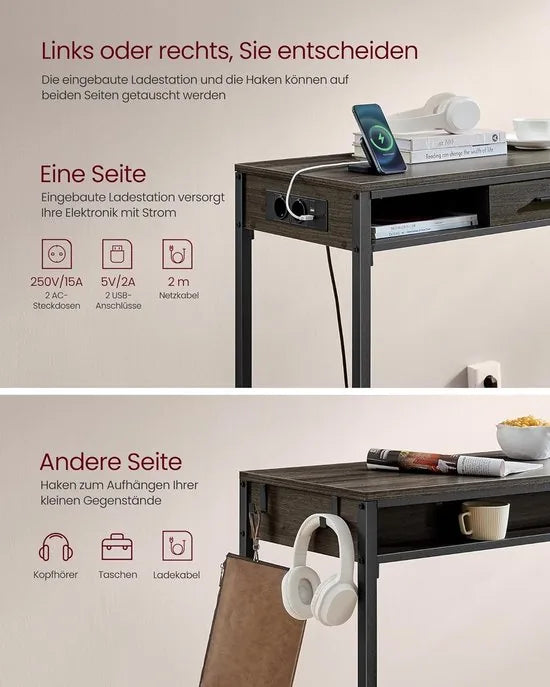 FurnStar - Bartafel - Statafel met Laadstation en Flexibele Lade van Vliesstof - Haken - 40 x 120 x 104,6 cm - Voor Kantoor - Slaapkamer - Bar - Woonkamer - Asbruin