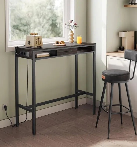 FurnStar - Bartafel - Statafel met Laadstation en Flexibele Lade van Vliesstof - Haken - 40 x 99,8 x 104,6 cm - Asbruin