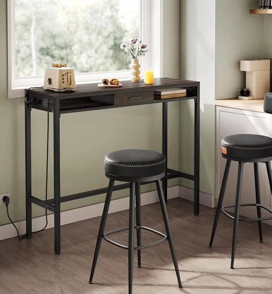 FurnStar - Bartafel - Statafel met Laadstation en Flexibele Lade van Vliesstof - Haken - 40 x 120 x 104,6 cm - Voor Kantoor - Slaapkamer - Bar - Woonkamer - Asbruin