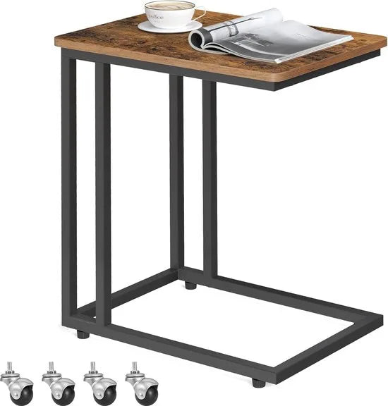 FurnStar - Bijzettafel - Banktafel met Wieltjes - C-Vorm - Mobiele Koffietafel - 35 x 50 x 60 cm - Woonkamertafel met Metalen Frame - Voor Koffie en Laptop - Industrieel Design - Vintage