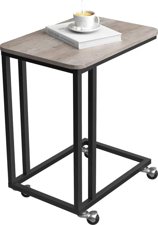 FurnStar - Bijzettafel - Banktafel met Wieltjes - C-Vorm - Mobiele Koffietafel - 35 x 50 x 60 cm - Woonkamertafel met Metalen Frame - Voor Koffie en Laptop - Industrieel Design - Vintage – Greige-zwart