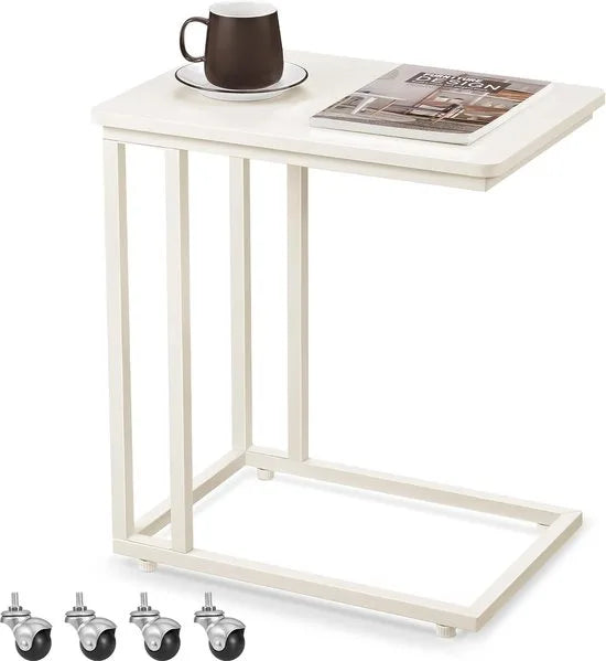 FurnStar - Bijzettafel - Banktafel met Wieltjes - C-Vorm - Mobiele Koffietafel - 35 x 50 x 60 cm - Woonkamertafel met Metalen Frame - Voor Koffie en Laptop - Industrieel Design - Vintage – Crème-wit