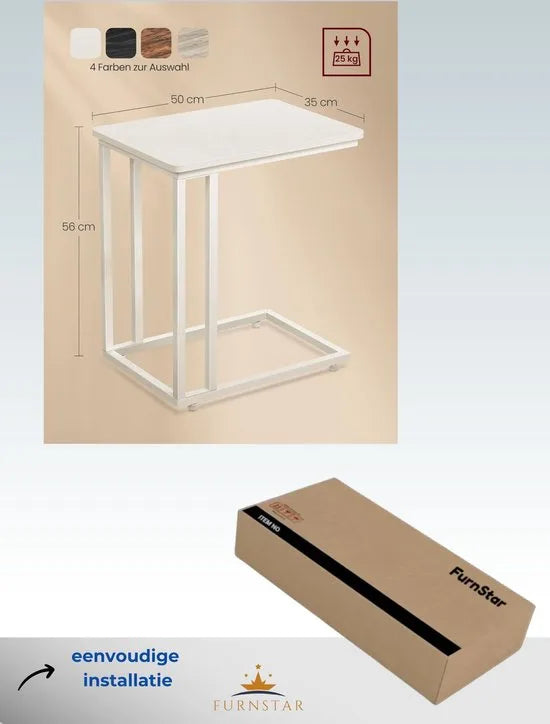 FurnStar - Bijzettafel - Banktafel met Wieltjes - C-Vorm - Mobiele Koffietafel - 35 x 50 x 60 cm - Woonkamertafel met Metalen Frame - Voor Koffie en Laptop - Industrieel Design - Vintage – Crème-wit