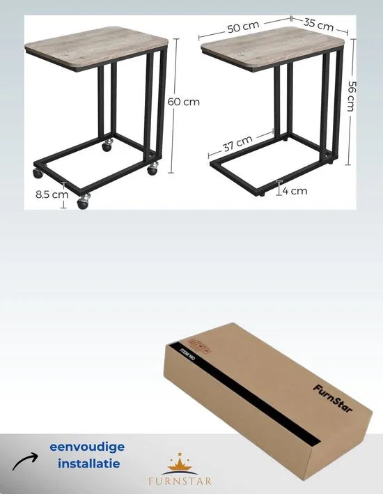 FurnStar - Bijzettafel - Banktafel met Wieltjes - C-Vorm - Mobiele Koffietafel - 35 x 50 x 60 cm - Woonkamertafel met Metalen Frame - Voor Koffie en Laptop - Industrieel Design - Vintage – Greige-zwart