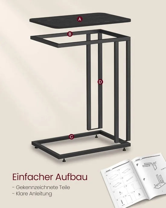 FurnStar - Bijzettafel - Banktafel met Wieltjes - C-Vorm - Mobiele Koffietafel - 35 x 50 x 60 cm - Woonkamertafel met Metalen Frame - Voor Koffie en Laptop - Modern - Ebbenzwart