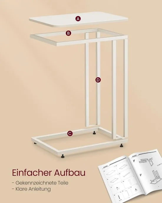 FurnStar - Bijzettafel - Banktafel met Wieltjes - C-Vorm - Mobiele Koffietafel - 35 x 50 x 60 cm - Woonkamertafel met Metalen Frame - Voor Koffie en Laptop - Industrieel Design - Vintage – Crème-wit