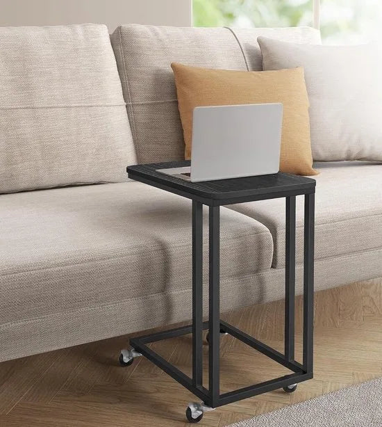 FurnStar - Bijzettafel - Banktafel met Wieltjes - C-Vorm - Mobiele Koffietafel - 35 x 50 x 60 cm - Woonkamertafel met Metalen Frame - Voor Koffie en Laptop - Modern - Ebbenzwart