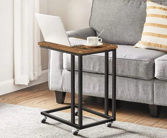 FurnStar - Bijzettafel - Banktafel met Wieltjes - C-Vorm - Mobiele Koffietafel - 35 x 50 x 60 cm - Woonkamertafel met Metalen Frame - Voor Koffie en Laptop - Industrieel Design - Vintage