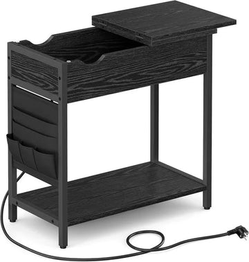FurnStar - Bijzettafel met stopcontact en USB-poorten – Smal nachtkastje voor woonkamer en slaapkamer – Zwart met houtnerf