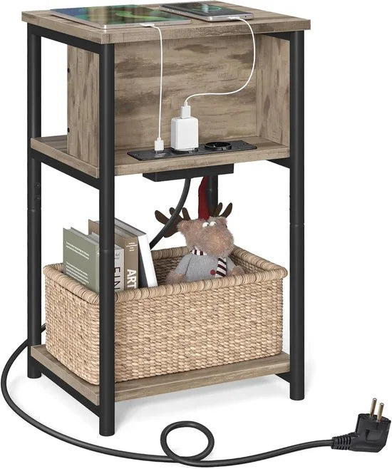 FurnStar - Bijzettafel - nachtkastje met stopcontact - klein - 2 AC-aansluitingen - 2 USB-poorten - 30 x 34 x 58 cm - voor woonkamer - slaapkamer - vintage bruin-zwart – Hazelnootbruin-zwart