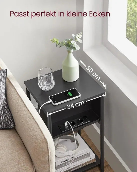 FurnStar - Bijzettafel - nachtkastje met stopcontact - klein - 2 AC-aansluitingen - 2 USB-poorten - 30 x 34 x 58 cm - voor woonkamer - slaapkamer - vintage bruin-zwart – Zwart