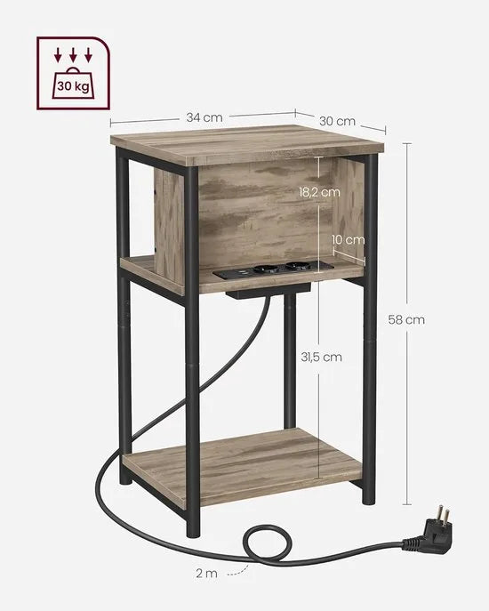 FurnStar - Bijzettafel - nachtkastje met stopcontact - klein - 2 AC-aansluitingen - 2 USB-poorten - 30 x 34 x 58 cm - voor woonkamer - slaapkamer - vintage bruin-zwart – Hazelnootbruin-zwart