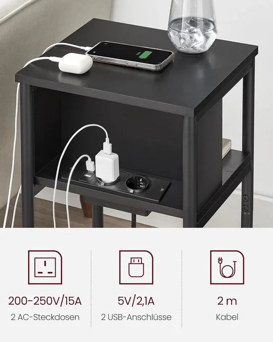 FurnStar - Bijzettafel - nachtkastje met stopcontact - klein - 2 AC-aansluitingen - 2 USB-poorten - 30 x 34 x 58 cm - voor woonkamer - slaapkamer - vintage bruin-zwart – Zwart