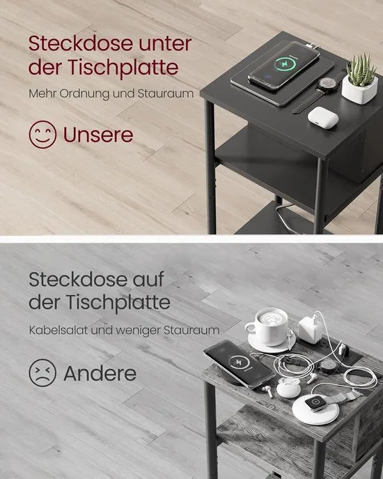 FurnStar - Bijzettafel - nachtkastje met stopcontact - klein - 2 AC-aansluitingen - 2 USB-poorten - 30 x 34 x 58 cm - voor woonkamer - slaapkamer - vintage bruin-zwart – Zwart