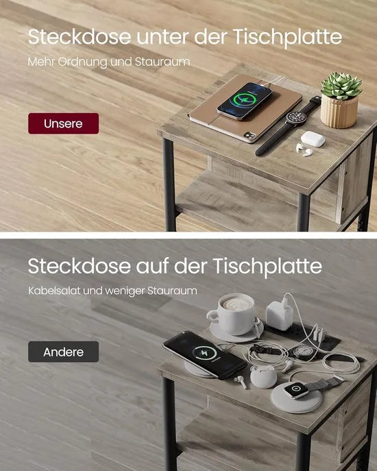 FurnStar - Bijzettafel - nachtkastje met stopcontact - klein - 2 AC-aansluitingen - 2 USB-poorten - 30 x 34 x 58 cm - voor woonkamer - slaapkamer - vintage bruin-zwart – Hazelnootbruin-zwart