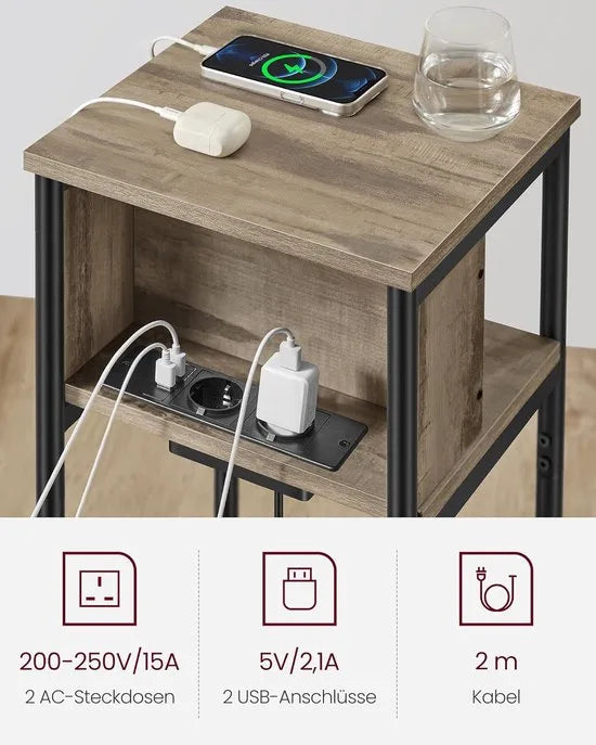 FurnStar - Bijzettafel - nachtkastje met stopcontact - klein - 2 AC-aansluitingen - 2 USB-poorten - 30 x 34 x 58 cm - voor woonkamer - slaapkamer - vintage bruin-zwart – Hazelnootbruin-zwart