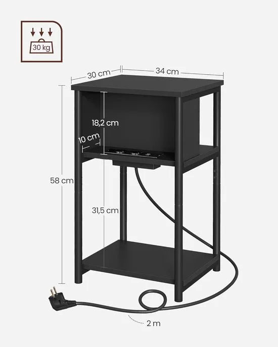 FurnStar - Bijzettafel - nachtkastje met stopcontact - klein - 2 AC-aansluitingen - 2 USB-poorten - 30 x 34 x 58 cm - voor woonkamer - slaapkamer - vintage bruin-zwart – Zwart